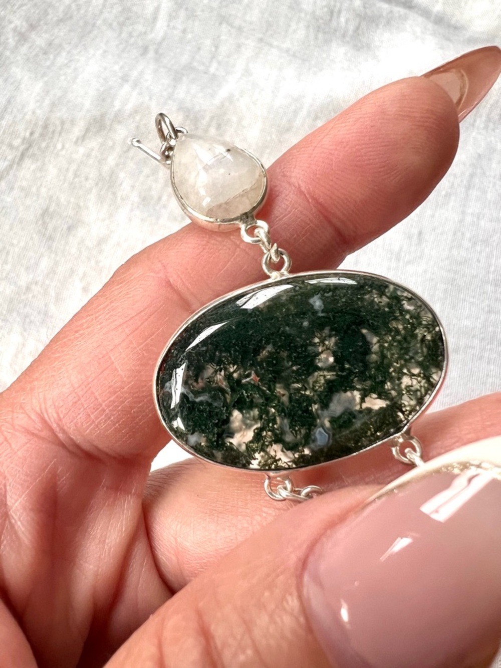 925 Earth Stone MOSS AGATE + Rainbow Moonstone Bracelet 7”-8.5” - Picture 8 of 12